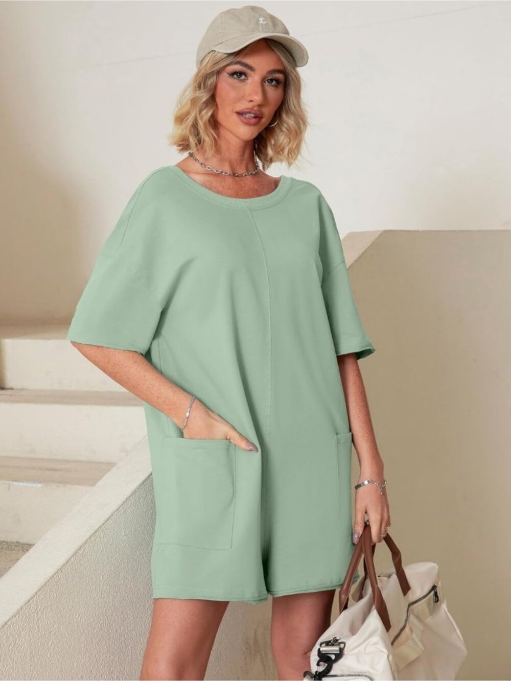 Womens Bean Green Summer Casual Onesie Backless Loose Short Oversized Tee Romper - Picture 4 of 6